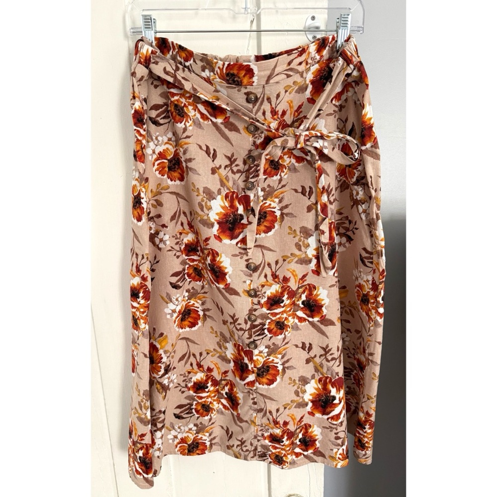 NYCC Linen/Rayon Blend Fall Spring Floral Midi Skirt Tie Waist Size Large